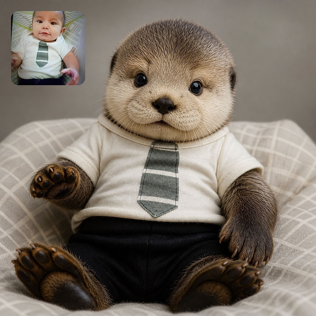 A wide-eyed baby lounges like a tiny executive in training, wearing a remarkably serious striped tie while reclining on a cozy patterned bed.