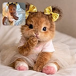 A cute toddler with shiny golden bows in her curly hair sits adorably on a white bed, sucking on her fingers while dressed in a soft pink outfit and frilly white skirt, radiating innocence and charm.