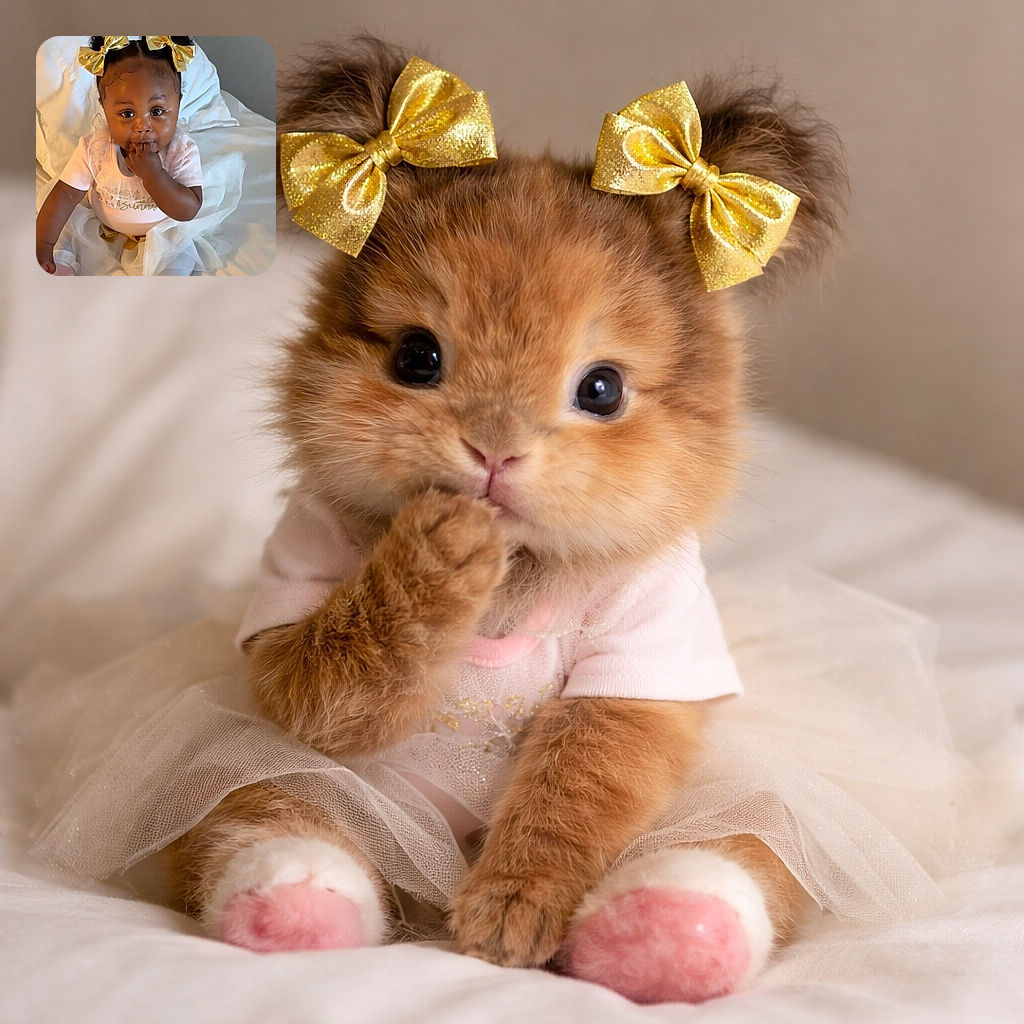 A cute toddler with shiny golden bows in her curly hair sits adorably on a white bed, sucking on her fingers while dressed in a soft pink outfit and frilly white skirt, radiating innocence and charm.