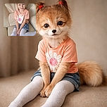 A cheerful young girl with two red hair ties sits comfortably on a cream-colored couch, wearing a peach shirt with a big white flower and denim shorts paired with white tights, flashing a sweet smile that brightens the cozy living room setting.