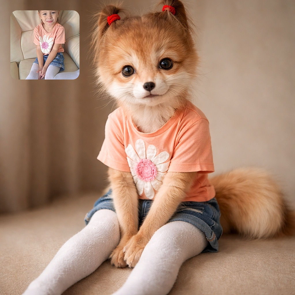 A cheerful young girl with two red hair ties sits comfortably on a cream-colored couch, wearing a peach shirt with a big white flower and denim shorts paired with white tights, flashing a sweet smile that brightens the cozy living room setting.