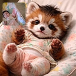 A cheerful baby lying in a colorful baby rocker with animal prints, waving hands blurred in motion, surrounded by a tiled floor background and soft pastel tones.