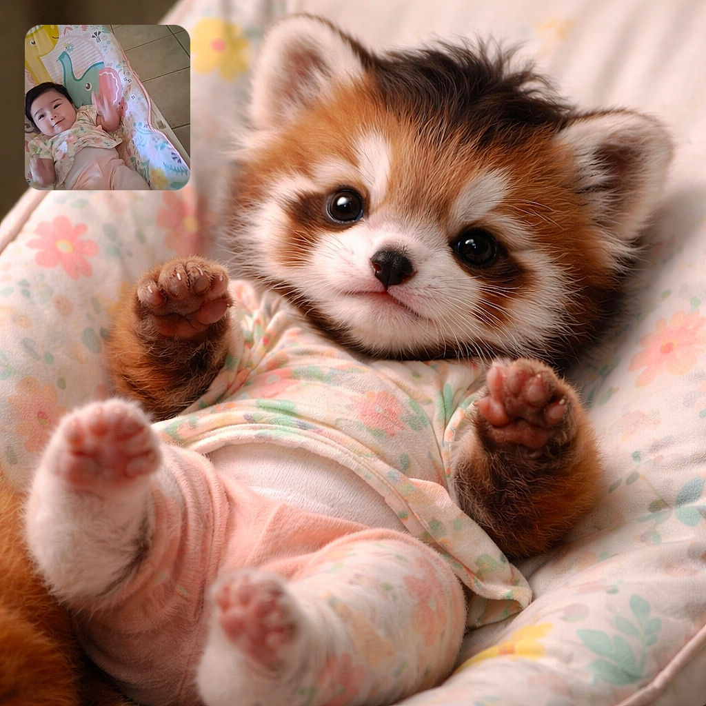 A cheerful baby lying in a colorful baby rocker with animal prints, waving hands blurred in motion, surrounded by a tiled floor background and soft pastel tones.