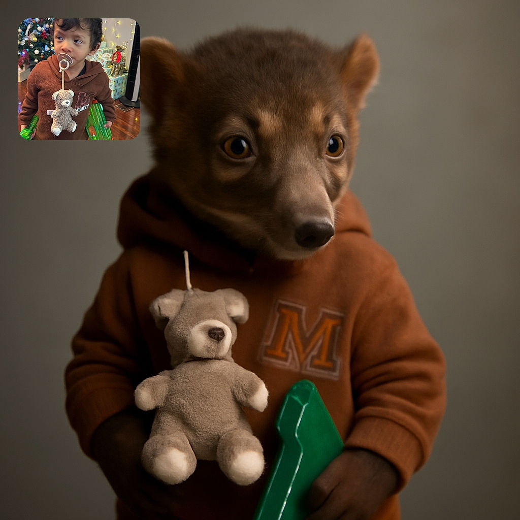 A curious toddler with a pacifier attached to a teddy bear is holding two green toy water guns, standing in a warmly decorated room with a Christmas tree, stockings, and presents in the background, looking slightly to the side as if caught mid-thought.