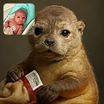 A serious-faced baby is lying in a turquoise baby bath seat, looking directly at the camera with big, curious eyes, droplets of water glistening on the skin, wrapped partially in a towel with a visible care label.