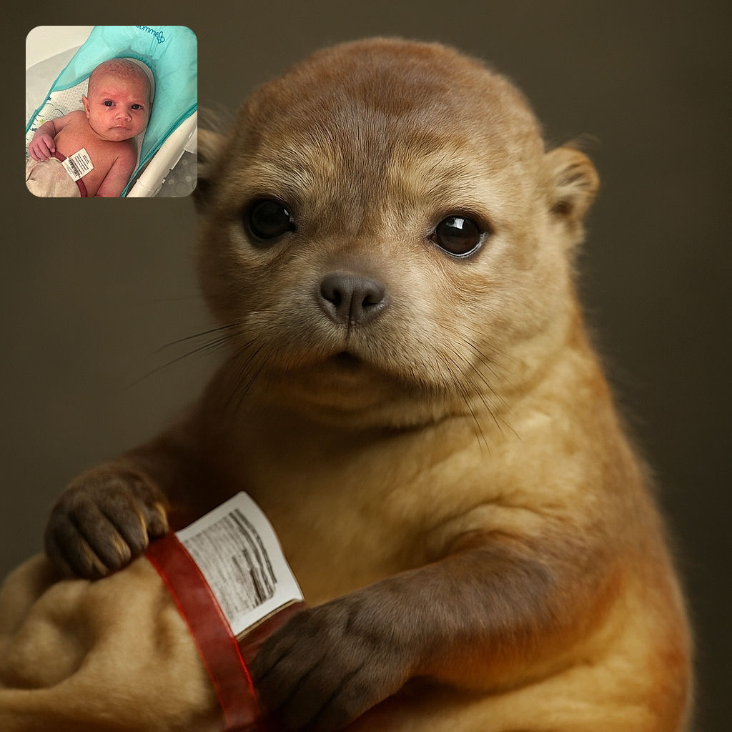 A serious-faced baby is lying in a turquoise baby bath seat, looking directly at the camera with big, curious eyes, droplets of water glistening on the skin, wrapped partially in a towel with a visible care label.