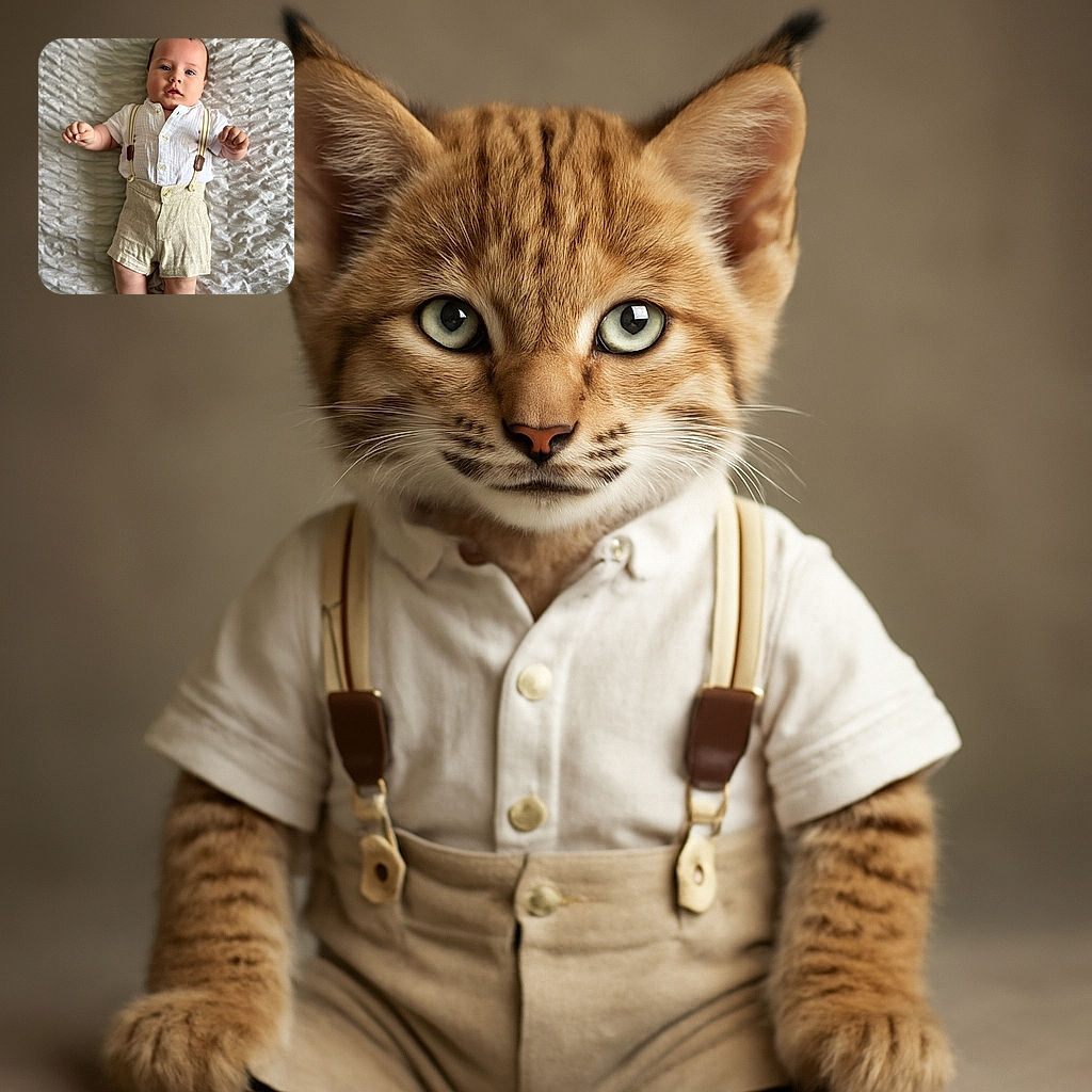A cute baby dressed in vintage-inspired beige shorts with suspenders and a white shirt lies on a textured white blanket, looking curiously at the camera with bright blue eyes and a slightly open mouth, as if ready to start a tiny adventure.