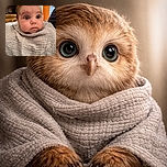 A wide-eyed baby wrapped snugly in a textured gray blanket, gazing curiously off-camera with an expression of innocent wonder, set against a cozy indoor background with warm wooden tones and a splash of orange wall.