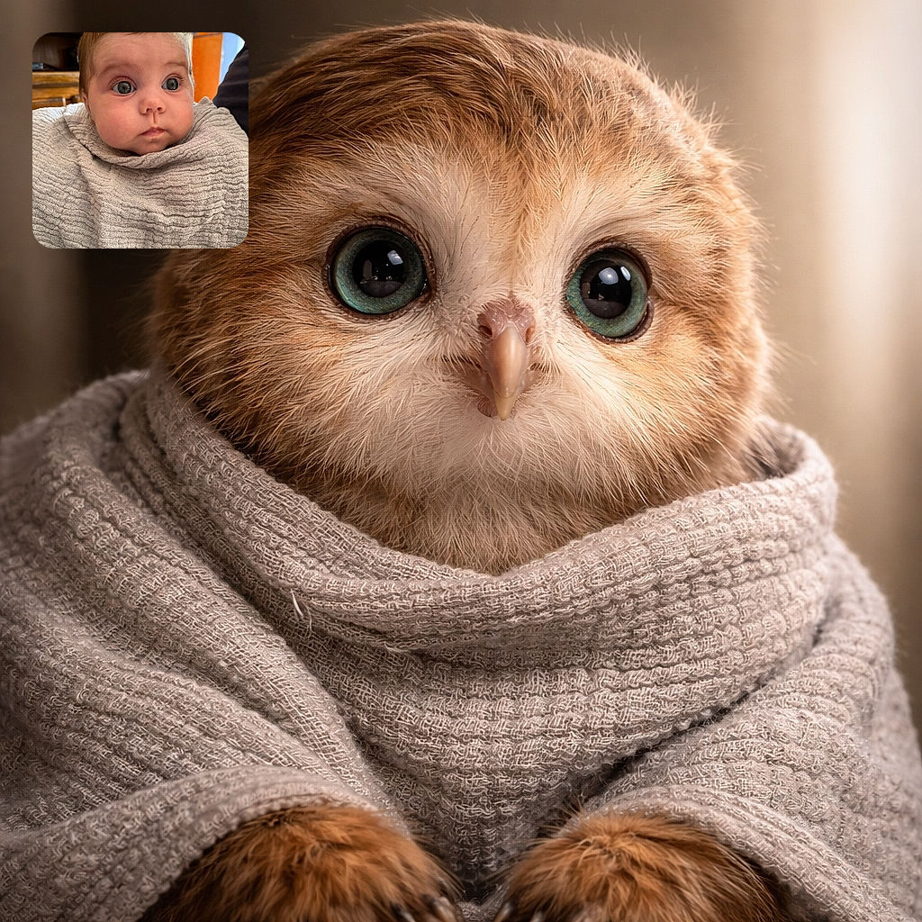 A wide-eyed baby wrapped snugly in a textured gray blanket, gazing curiously off-camera with an expression of innocent wonder, set against a cozy indoor background with warm wooden tones and a splash of orange wall.