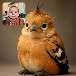 A wide-eyed baby with a quirky tuft of hair stands out in sharp focus, wearing a cozy brown shirt adorned with cheerful orange and white flowers, set against a softly blurred bedroom background with a lamp and plush toy peeking from the headboard.