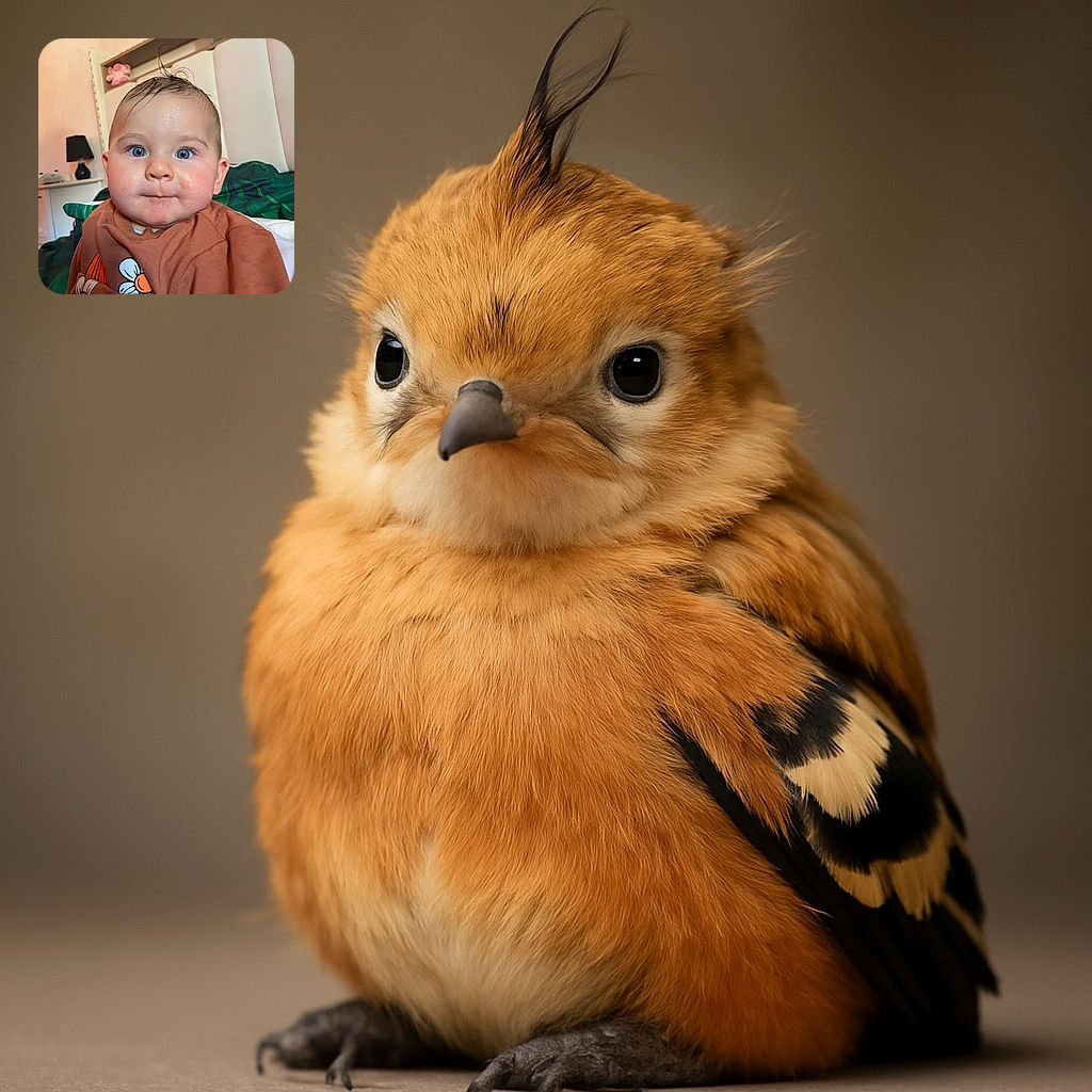 A wide-eyed baby with a quirky tuft of hair stands out in sharp focus, wearing a cozy brown shirt adorned with cheerful orange and white flowers, set against a softly blurred bedroom background with a lamp and plush toy peeking from the headboard.