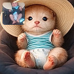 A chubby baby lounging in a car seat, wearing a huge floppy sun hat that looks almost too big for the tiny head, dressed in a striped onesie and diaper, with a curious and slightly serious expression.