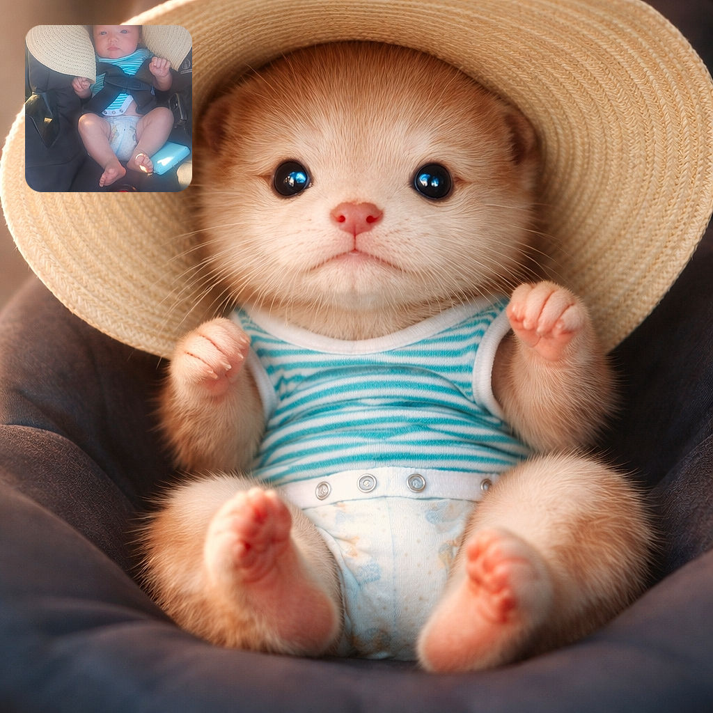 A chubby baby lounging in a car seat, wearing a huge floppy sun hat that looks almost too big for the tiny head, dressed in a striped onesie and diaper, with a curious and slightly serious expression.