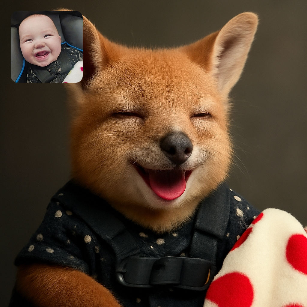 A joyful baby grins widely while strapped safely in a car seat, wearing a star-patterned outfit and clutching a colorful blanket with red polka dots, radiating pure happiness.