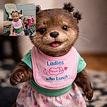 A cheerful toddler wearing a pink bib that says 'Ladies who Lunch' is standing on a patterned carpet, supported by an adult's hands. Behind her, there's a cozy cream-colored chair and a colorful baby activity table, creating a warm and playful indoor setting.
