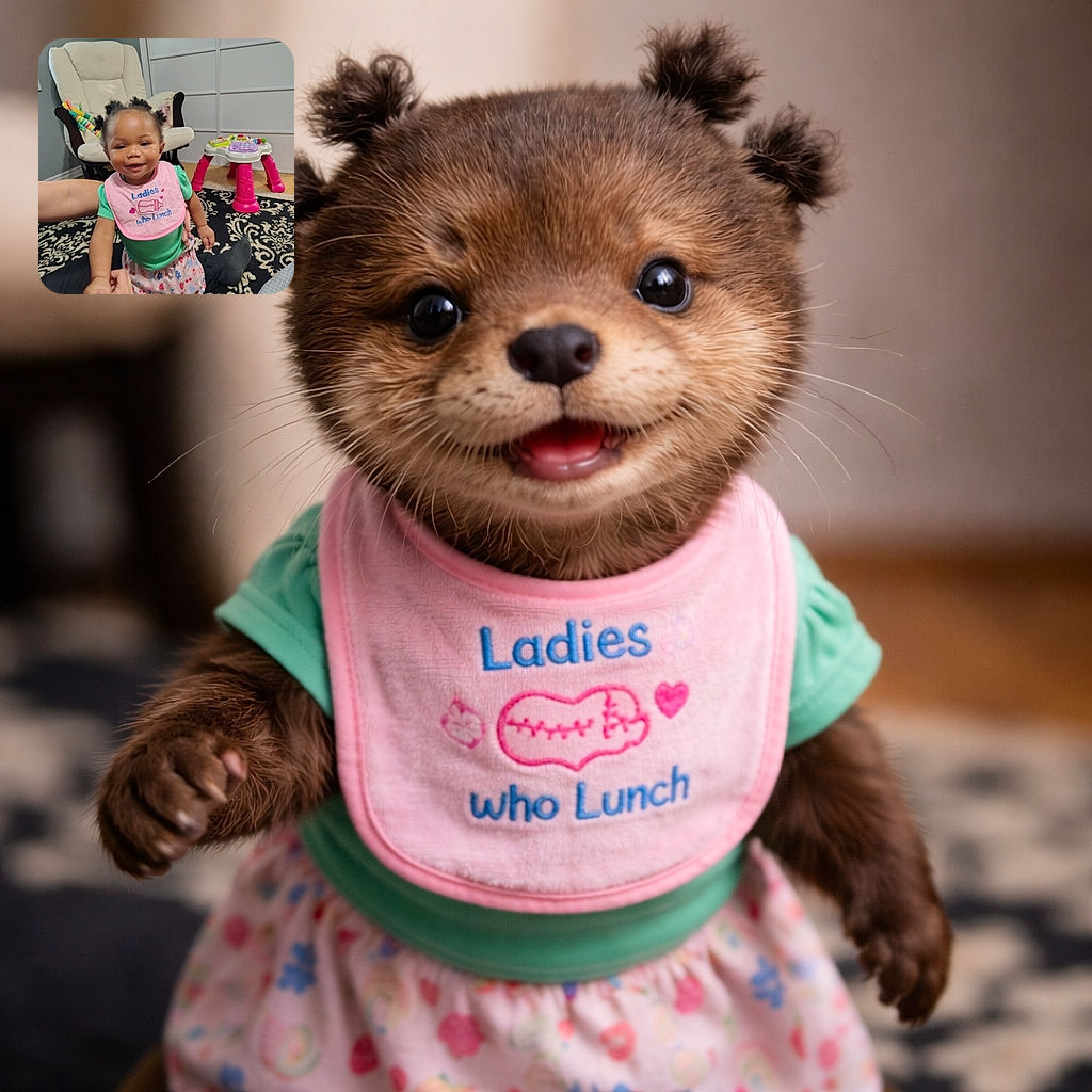 A cheerful toddler wearing a pink bib that says 'Ladies who Lunch' is standing on a patterned carpet, supported by an adult's hands. Behind her, there's a cozy cream-colored chair and a colorful baby activity table, creating a warm and playful indoor setting.
