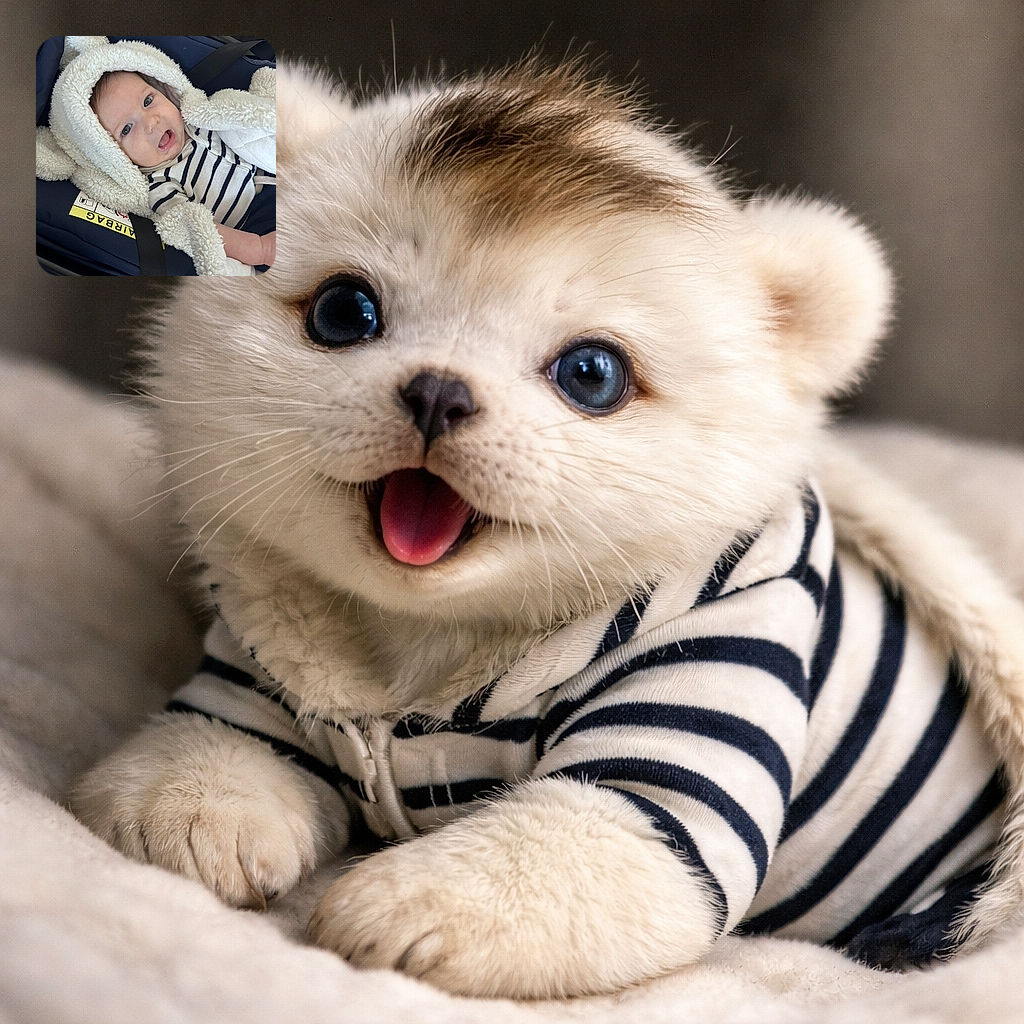 A cute baby bundled up in a fluffy white bear hoodie, lying comfortably in a car seat with a striped outfit, looking curiously at the camera with a little drool on their lips, ready for a cozy adventure.