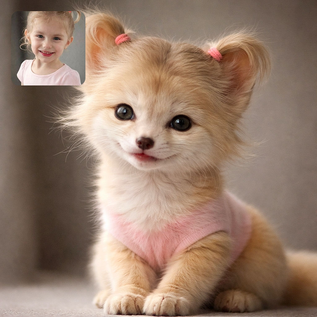 A tiny joy-bomb in pigtails flashes a gap-toothed grin at the camera — soft gray background, pastel pink tee, and hair elastics doing their best to keep the world orderly. The portrait is bright, crisp, and full of mischief, like a professional negotiator of cookies and bedtime.