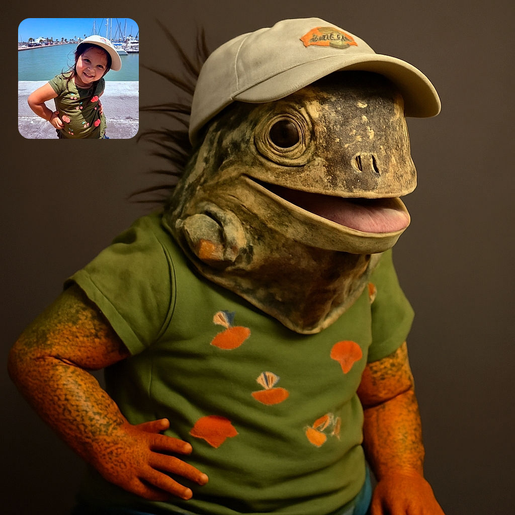 A cheerful little girl strikes a playful pose by the marina, sporting a cute cherry-patterned green shirt and a tilted white cap, with boats and palm trees under a bright blue sky in the background.