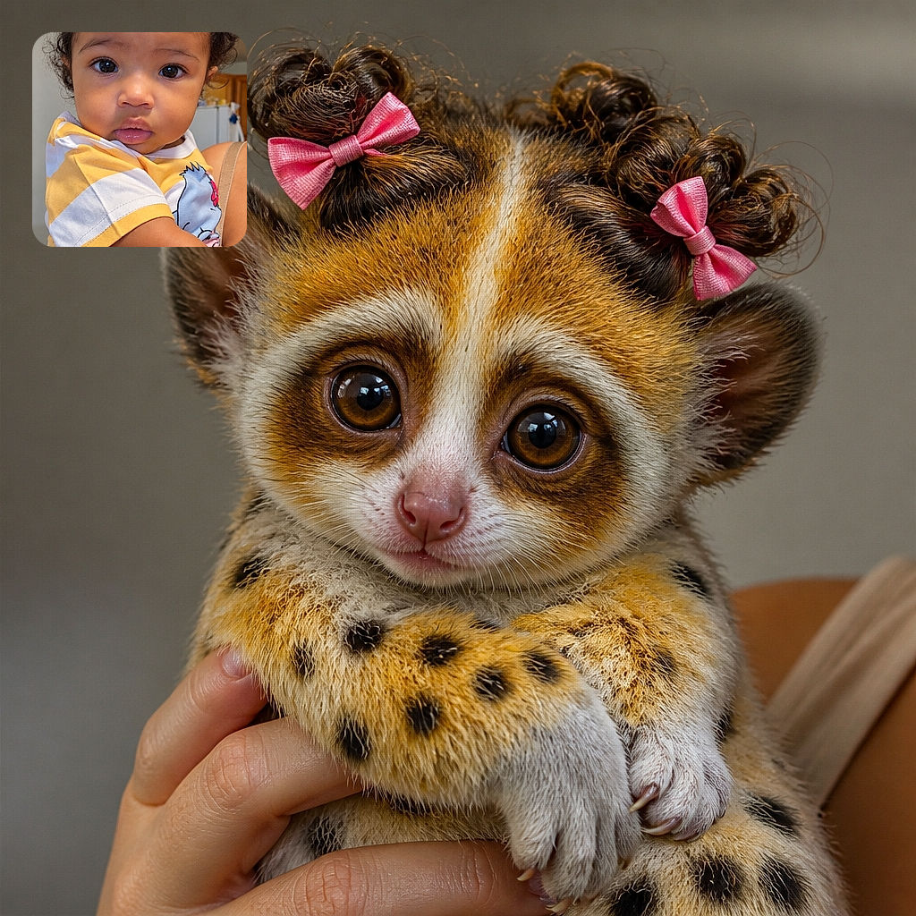 A wide-eyed toddler with two adorable pink hair bows gazes at the camera while being lovingly held, looking like a tiny fashion critic silently judging everyone’s outfit choices. The warm indoor lighting and colorful shirt make the portrait especially lively.