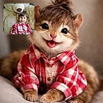 A beaming little kid snuggles up to an enormous teddy bear like it's their personal throne — grin wide, plaid shirt bright, and one tiny hand a blur of happy motion.