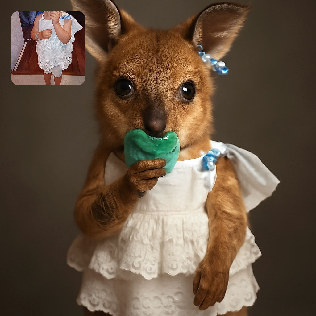 A cute toddler with big blue eyes stands barefoot on a tiled floor, wearing a white dress with delicate lace details and holding a green pacifier, looking curiously at the camera in a cozy indoor setting.