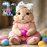 A chubby-cheeked baby dressed in pink with a big white bow on her head sits outdoors on the grass surrounded by colorful Easter eggs and a plush bunny, with a green basket nearby and a dog in the background under a tree.