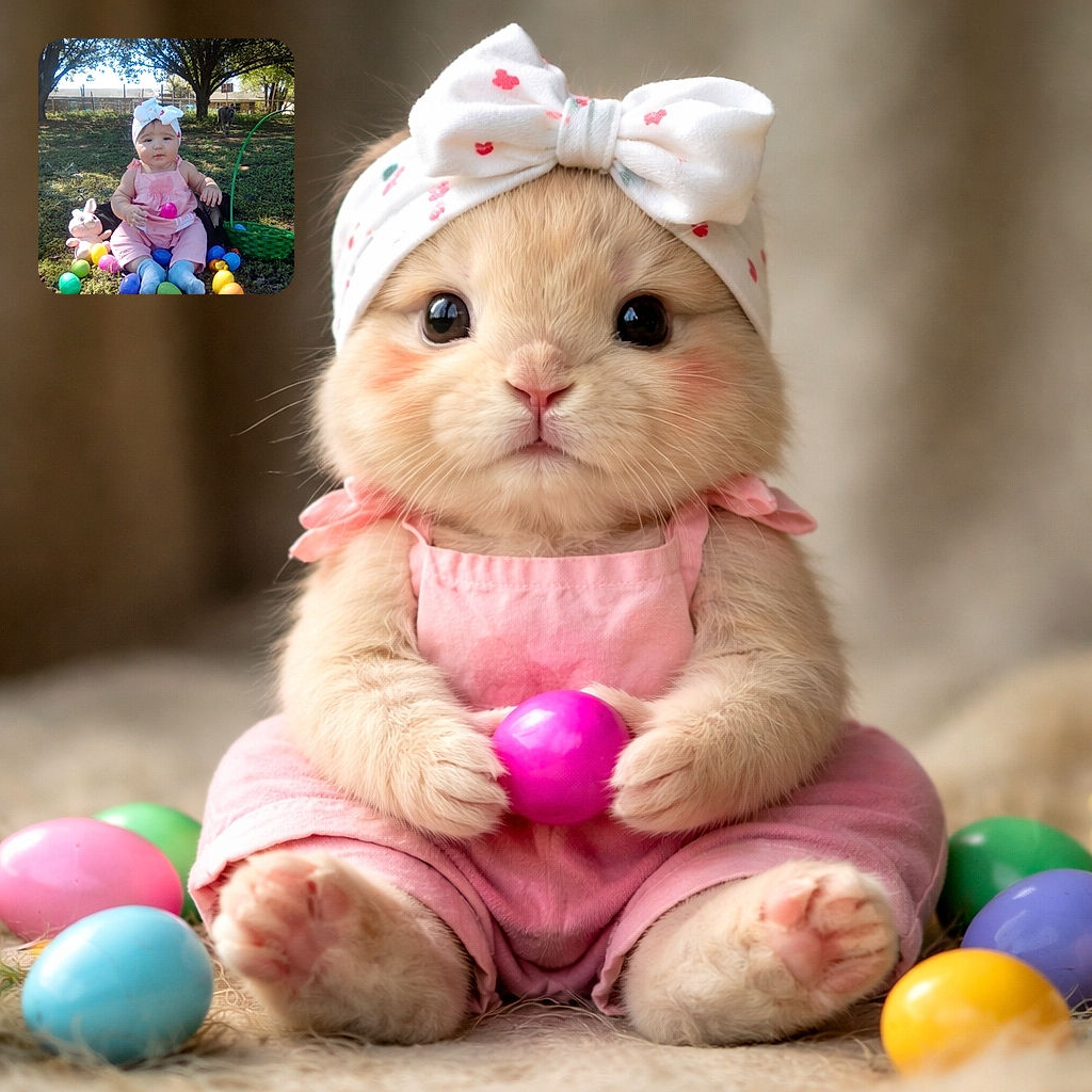 A chubby-cheeked baby dressed in pink with a big white bow on her head sits outdoors on the grass surrounded by colorful Easter eggs and a plush bunny, with a green basket nearby and a dog in the background under a tree.