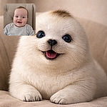A happy baby with bright eyes and a wide smile sits comfortably on a beige cushioned chair, wearing a soft gray sweater, radiating pure joy and innocence.
