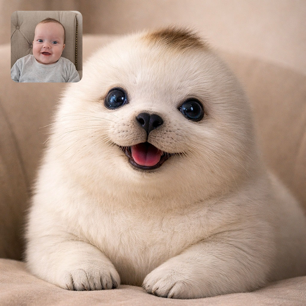 A happy baby with bright eyes and a wide smile sits comfortably on a beige cushioned chair, wearing a soft gray sweater, radiating pure joy and innocence.