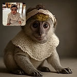 A wide-eyed baby with an adorable knitted headband and matching outfit sits on a tiled floor, looking curiously at the camera with a backdrop of wooden chairs and a softly lit room.