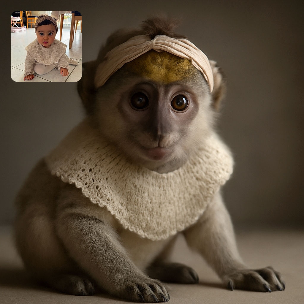 A wide-eyed baby with an adorable knitted headband and matching outfit sits on a tiled floor, looking curiously at the camera with a backdrop of wooden chairs and a softly lit room.