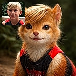 A bright-eyed blond boy with a mischievous smile poses outdoors against a lush green backdrop, wearing a sporty sleeveless shirt with red and black colors, radiating youthful charm.