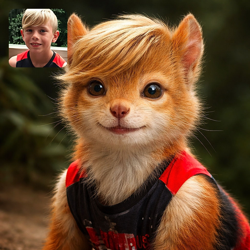 A bright-eyed blond boy with a mischievous smile poses outdoors against a lush green backdrop, wearing a sporty sleeveless shirt with red and black colors, radiating youthful charm.