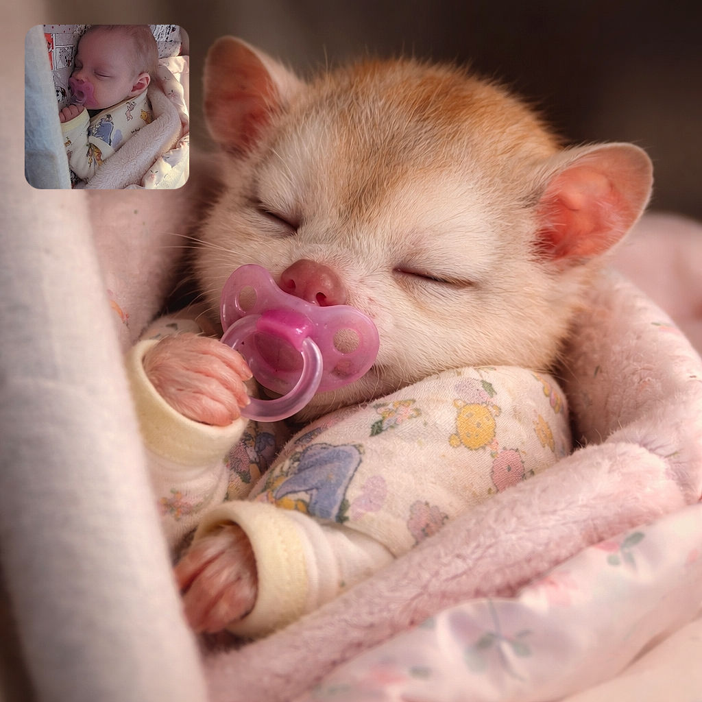 A tiny pacifier-powered burrito: a newborn snoozes peacefully with a pink pacifier, tucked into layers of cartoon-patterned quilts and a snuggly floral blanket like the coziest little marshmallow.