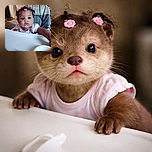 A curious baby with bright eyes and pink flower hair clips reaches out from a high chair, looking straight into the camera with an innocent and slightly surprised expression, surrounded by a cozy home interior.