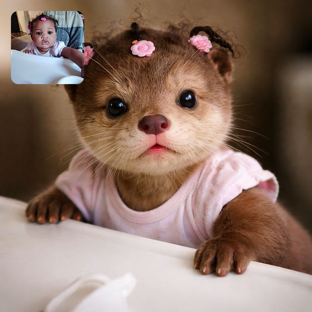 A curious baby with bright eyes and pink flower hair clips reaches out from a high chair, looking straight into the camera with an innocent and slightly surprised expression, surrounded by a cozy home interior.