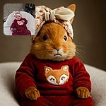 An adorable baby dressed in a cozy maroon outfit with heart patterns and a cute fox applique lounges comfortably on a fluffy white cushion, sporting a floral head wrap that adds a charming touch to the cozy indoor setting.
