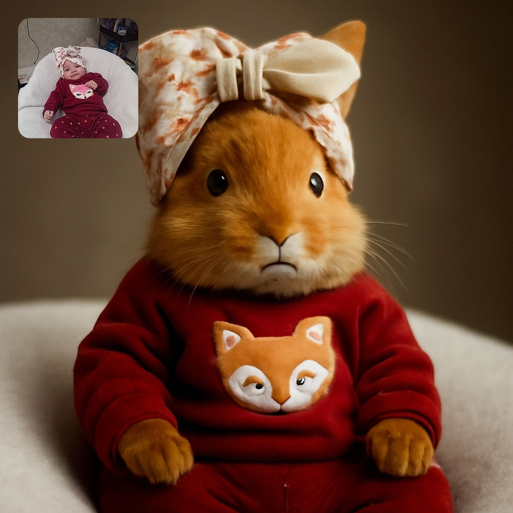 An adorable baby dressed in a cozy maroon outfit with heart patterns and a cute fox applique lounges comfortably on a fluffy white cushion, sporting a floral head wrap that adds a charming touch to the cozy indoor setting.