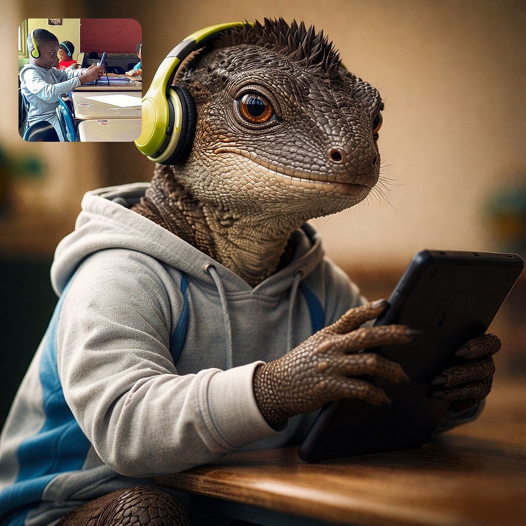 A focused classroom scene where young children, all under 12, are deeply engaged with their tablets, sporting colorful headphones. The desks are adorned with stickers, and the natural light from the windows adds a warm glow to the educational atmosphere.
