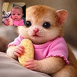 A curious baby in a pink outfit clutches a biscuit while being held, with a soft indoor background and a cute pink heart emoji overlay adding charm.