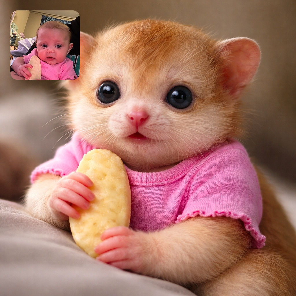 A curious baby in a pink outfit clutches a biscuit while being held, with a soft indoor background and a cute pink heart emoji overlay adding charm.