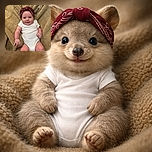 A delightful baby with a charming smile lies cozily on a fluffy, tan blanket, sporting a cute red headband and a simple white onesie, radiating pure joy and comfort.