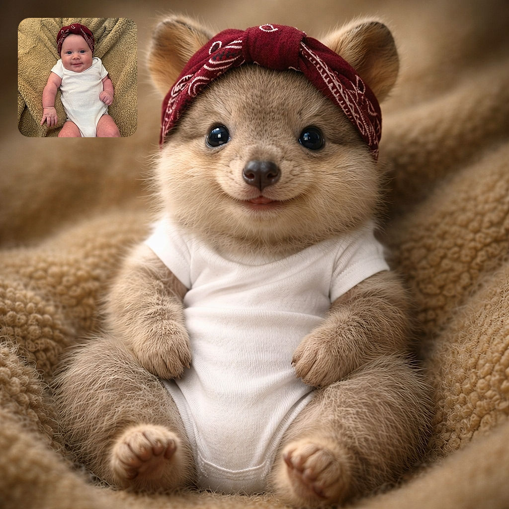 A delightful baby with a charming smile lies cozily on a fluffy, tan blanket, sporting a cute red headband and a simple white onesie, radiating pure joy and comfort.