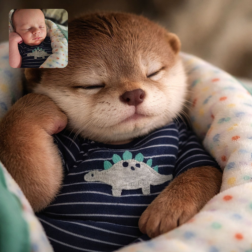 A tiny snoozer swaddled in a dotted blanket, dreaming of dinosaur adventures — one chubby arm tucked like a classic nap-time pose while the striped onesie sports a friendly stegosaurus. Pure sleepy perfection.