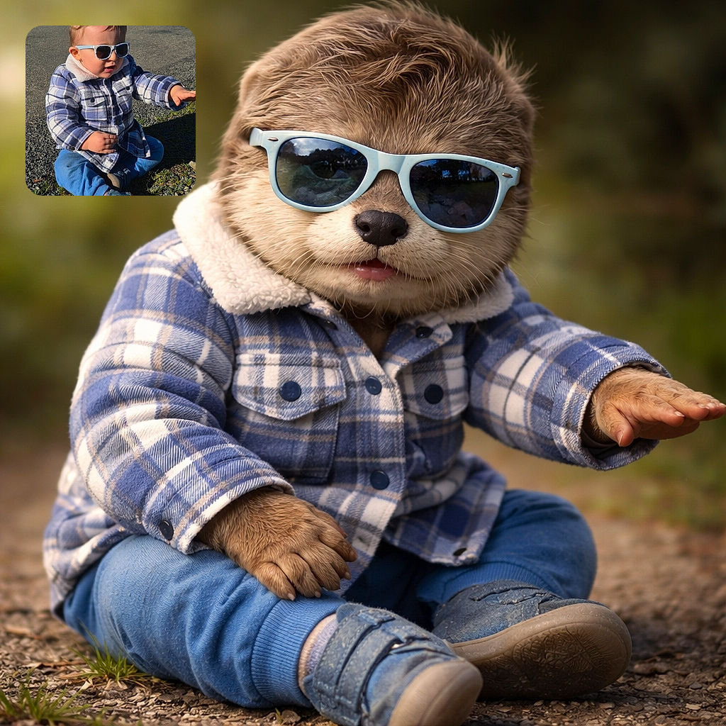 A stylish little toddler sporting oversized sunglasses and a plaid jacket, sitting on gravel like a tiny boss — reaching out with curiosity while soaking up the sunshine and stealing hearts.