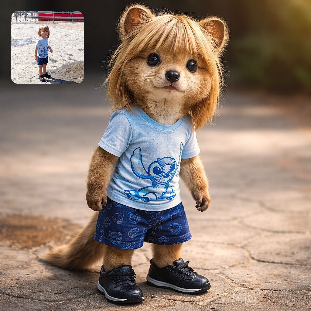 A young child with blonde hair stands confidently on a sunlit stone pavement, sporting a playful Stitch-themed outfit and black Puma sneakers, casting a long shadow as the afternoon sun beams down.