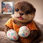A cute baby wearing a brown outfit with floral mittens is looking curiously at the camera, framed inside a social media post overlay that says 'New Post'. The background is softly blurred, highlighting the baby as the star of the moment.