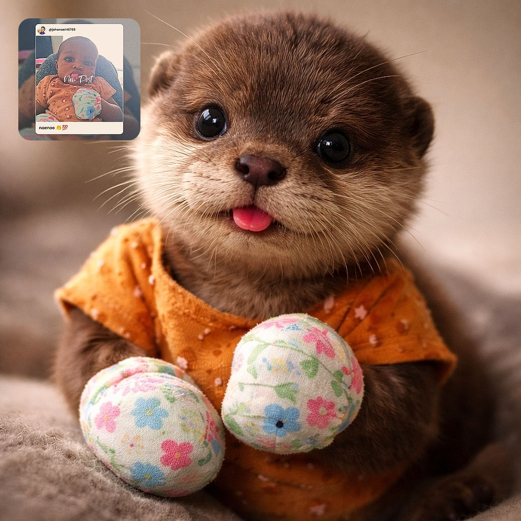 A cute baby wearing a brown outfit with floral mittens is looking curiously at the camera, framed inside a social media post overlay that says 'New Post'. The background is softly blurred, highlighting the baby as the star of the moment.