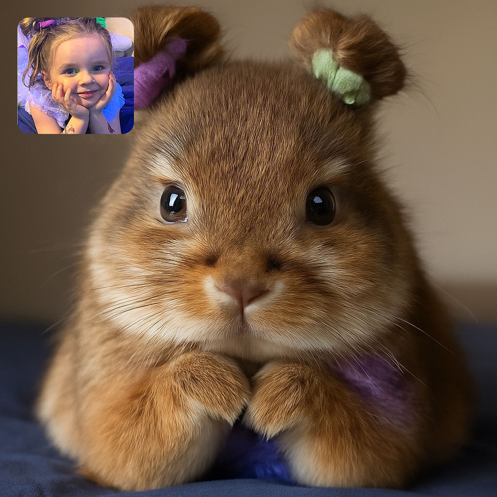 A charming little girl with playful double buns and colorful scrunchies beams at the camera, resting her face in her hands. She sports cute temporary tattoos on her arms and wears a frilly, translucent purple outfit while lying on a cozy blue blanket, radiating pure joy and innocence.